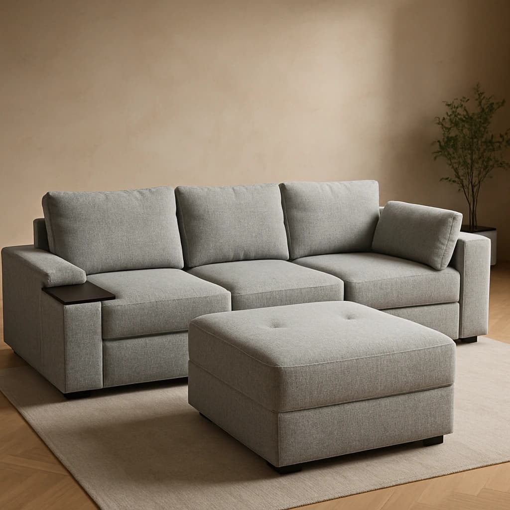 Canapé sectionnel modulaire gris de luxe avec pouf