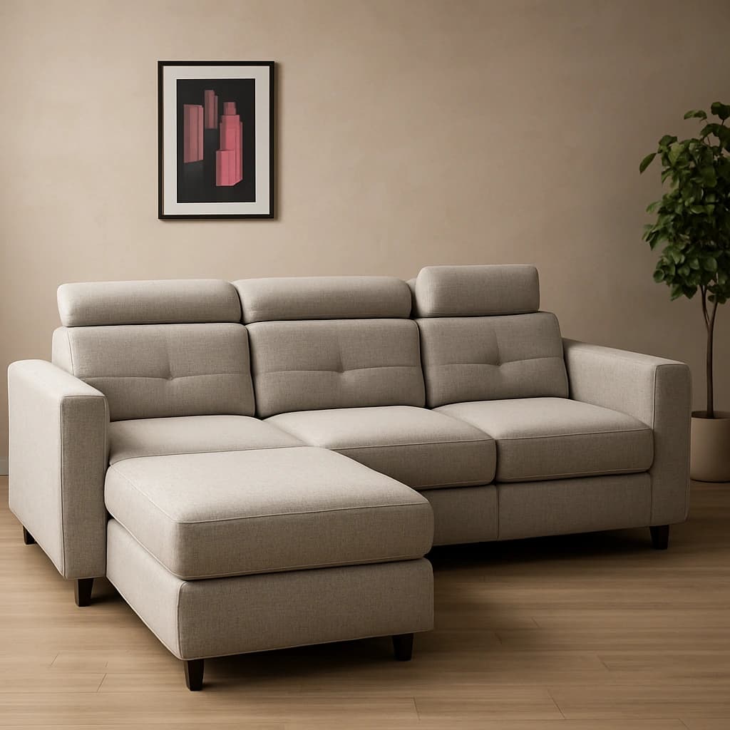 Canapé d'angle moderne gris avec pouf
