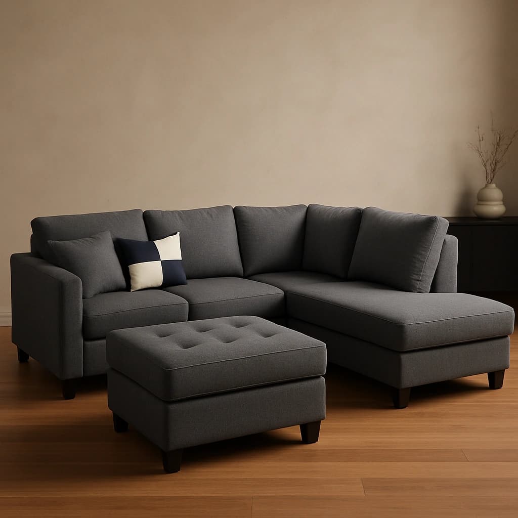 Canapé sectionnel gris moderne avec pouf