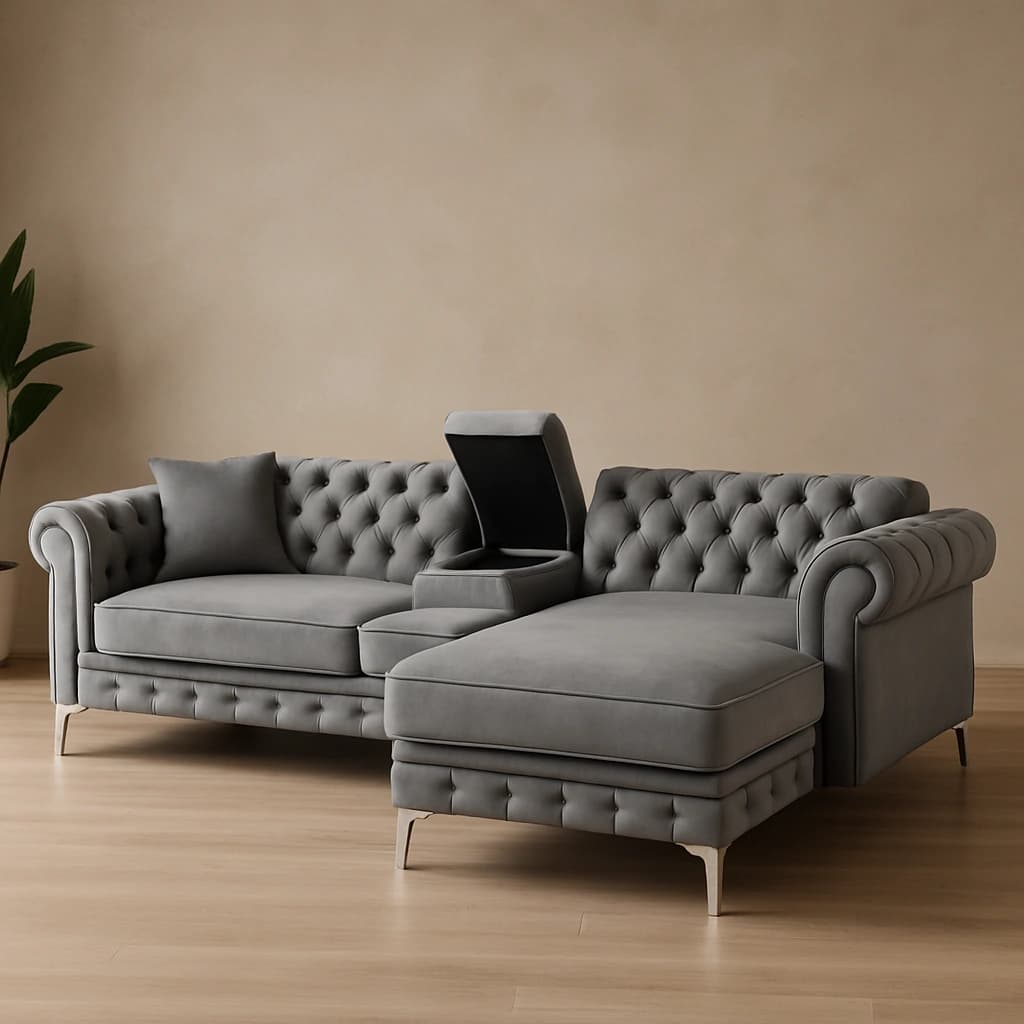 Canapé sectionnel gris avec console et rangement
