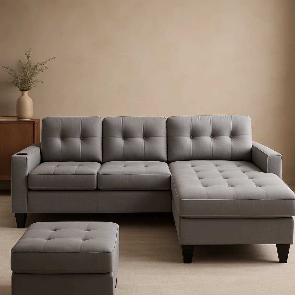 Canapé sectionnel touffeté gris avec pouf