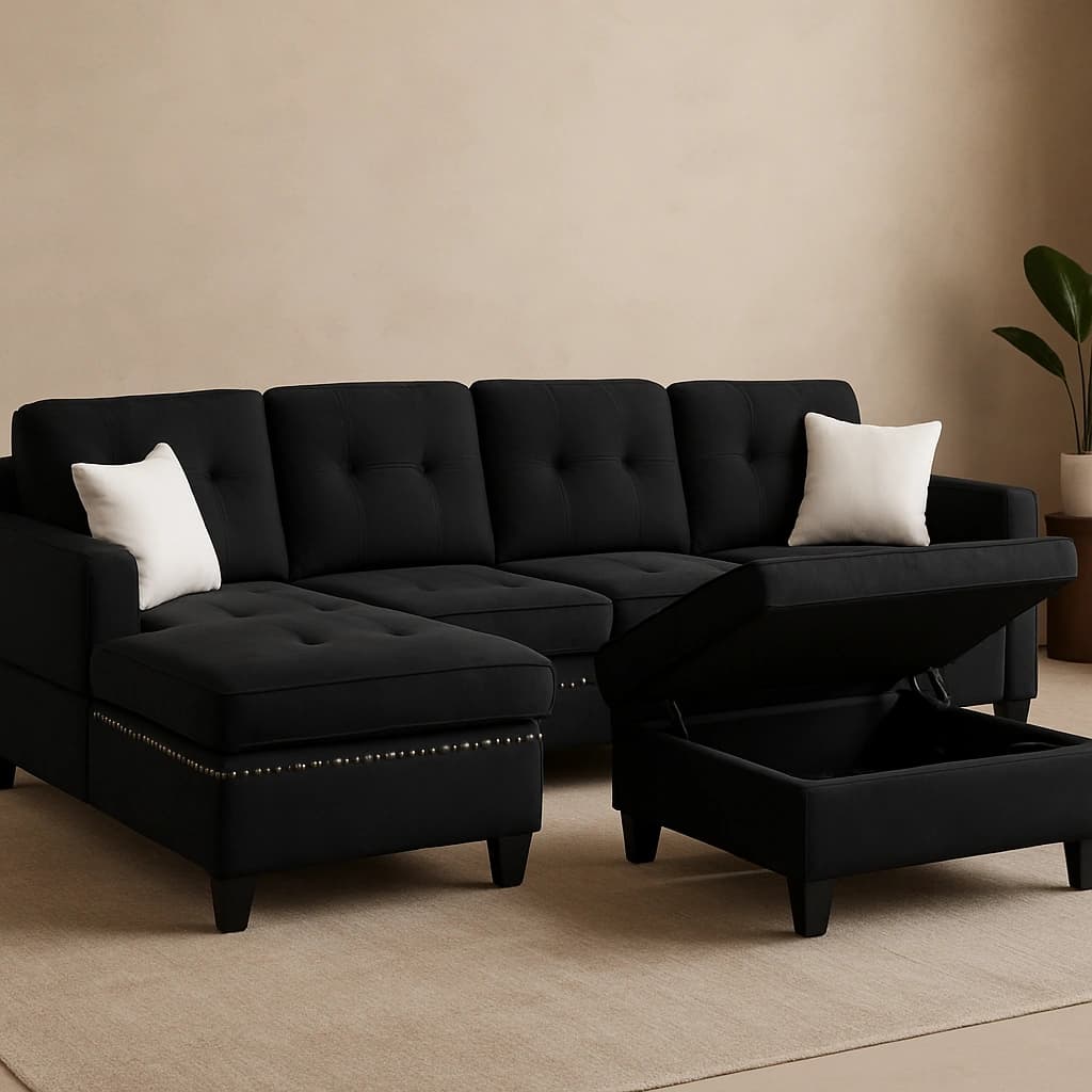 Sectionnel noir avec pouf de rangement - Modèle 1013