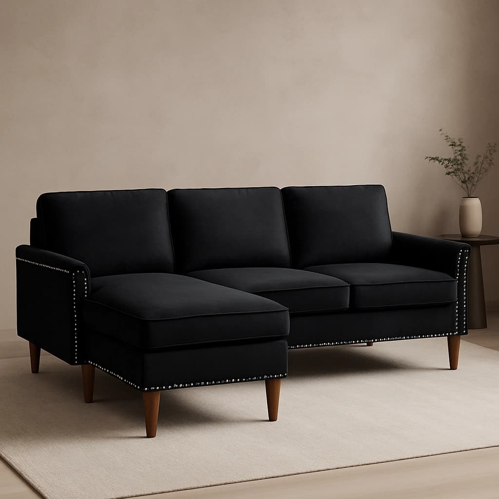 Sectionnel en velours noir avec garniture cloutée - Modèle 1013