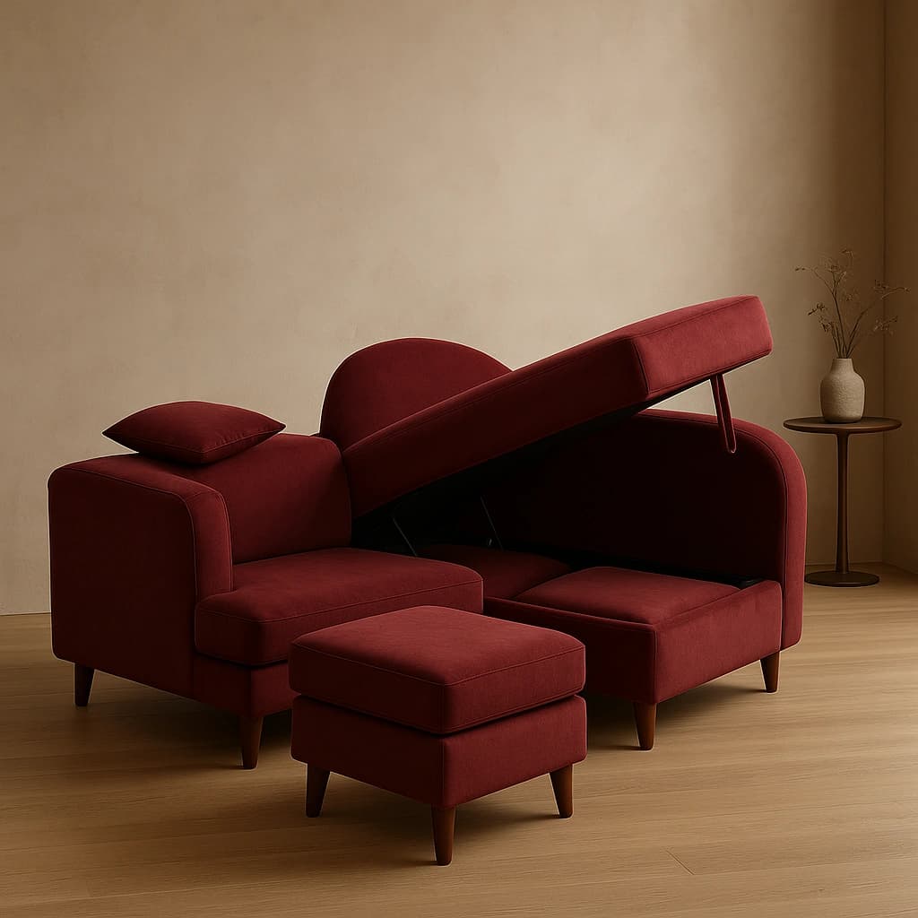 Canapé sectionnel rouge avec méridienne et pouf