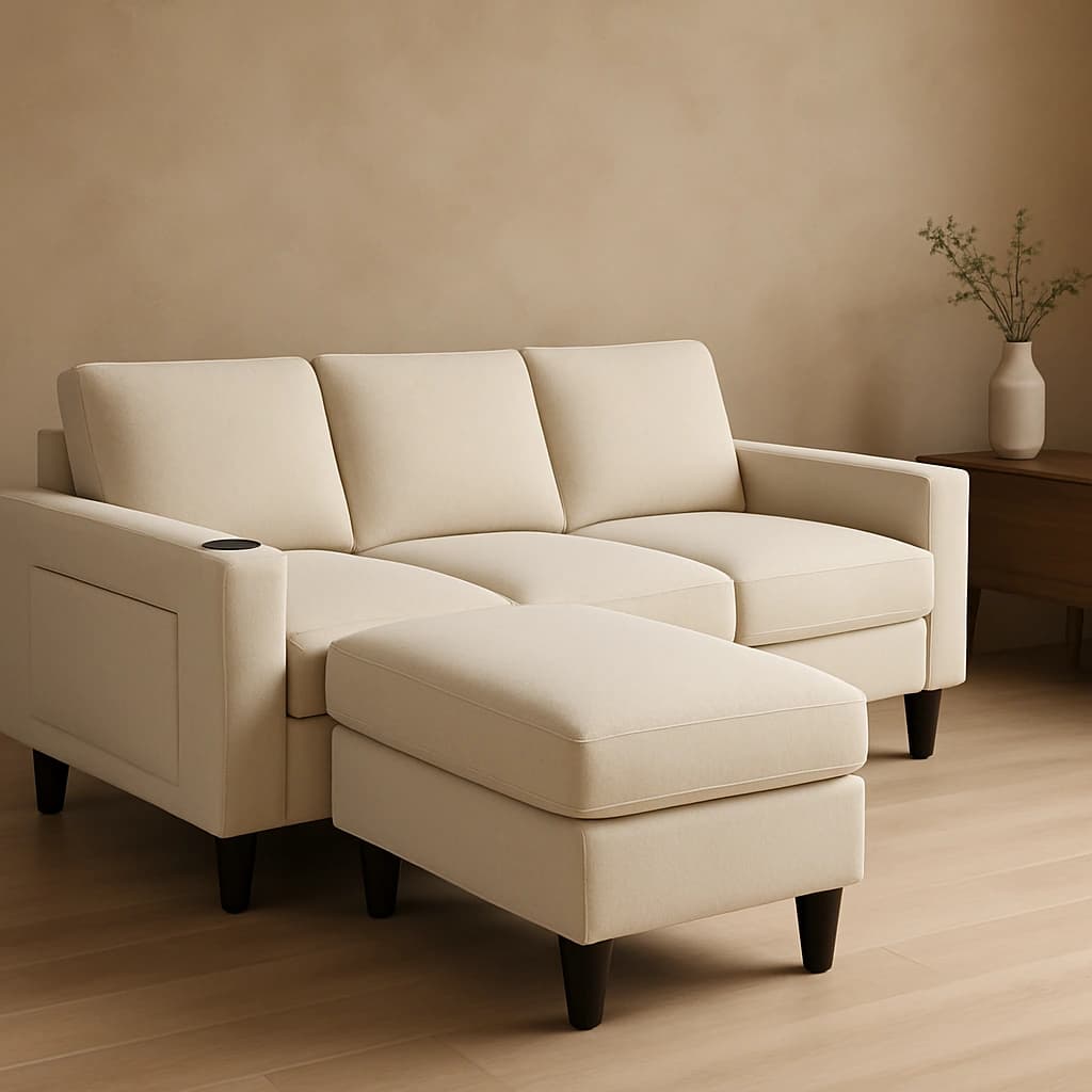 Canapé sectionnel crème avec pouf - Modèle 2215
