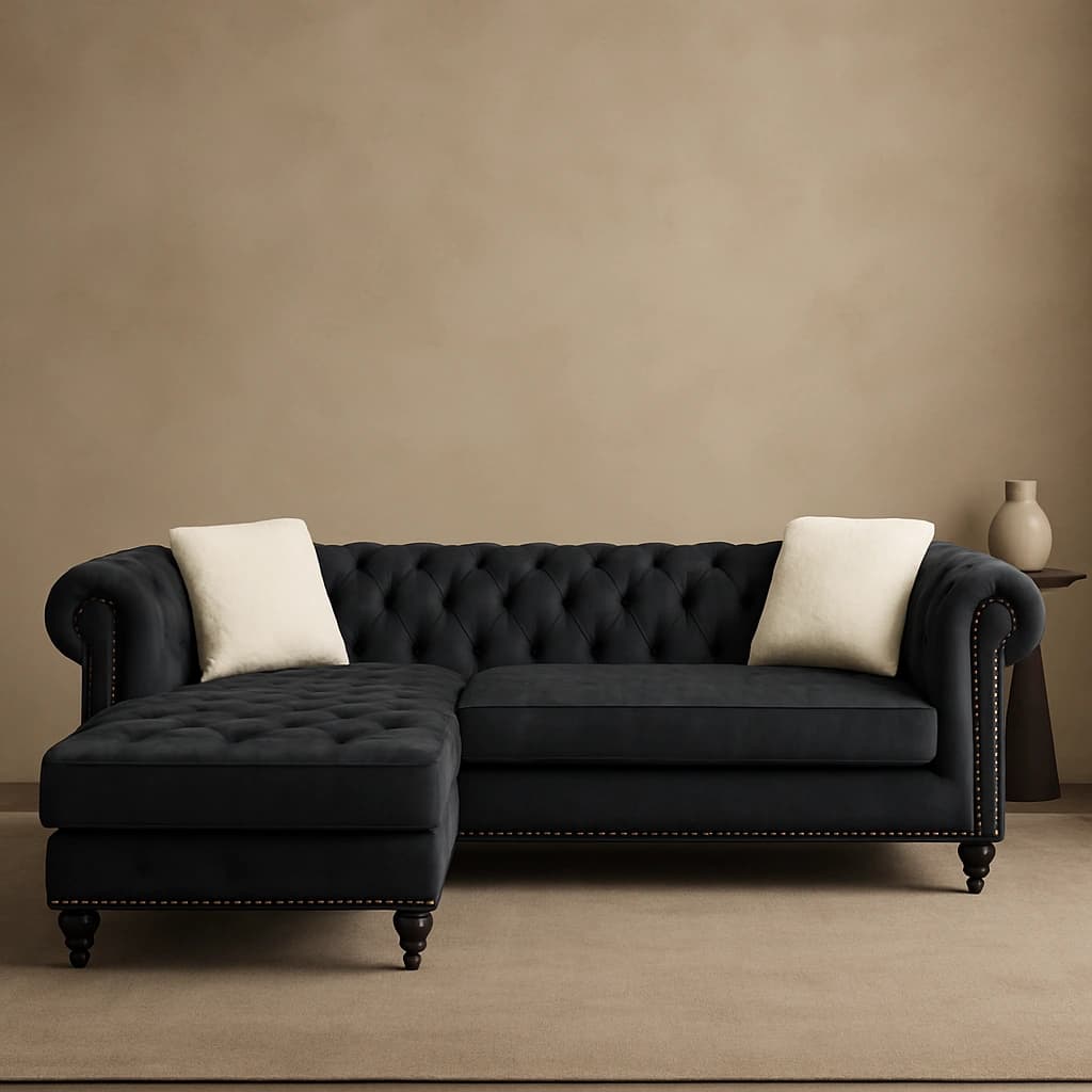 Sectionnel en velours gris foncé avec garniture cloutée