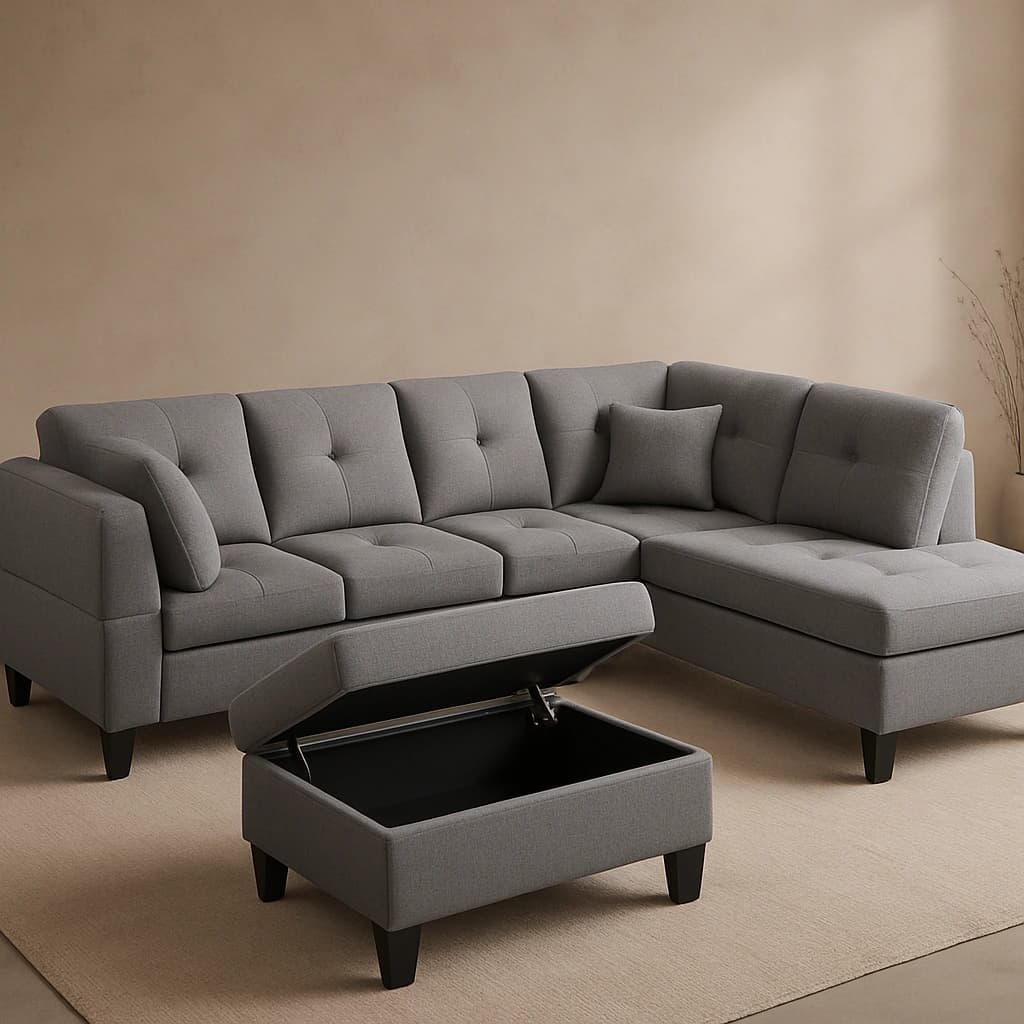 Canapé sectionnel gris avec méridienne et pouf de rangement