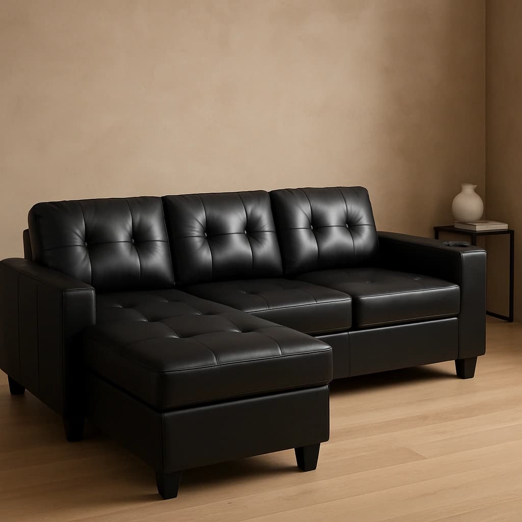 Canapé sectionnel en cuir noir avec méridienne et rangement