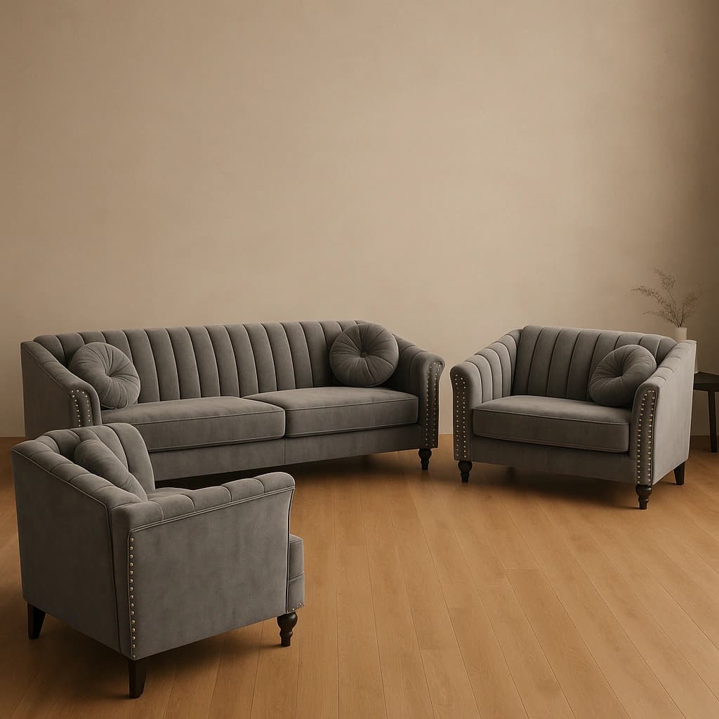 Ensemble de salon en velours gris avec garniture de clous - 3 pièces