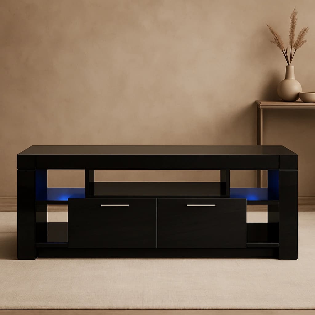 Meuble TV LED noir avec tiroirs de rangement