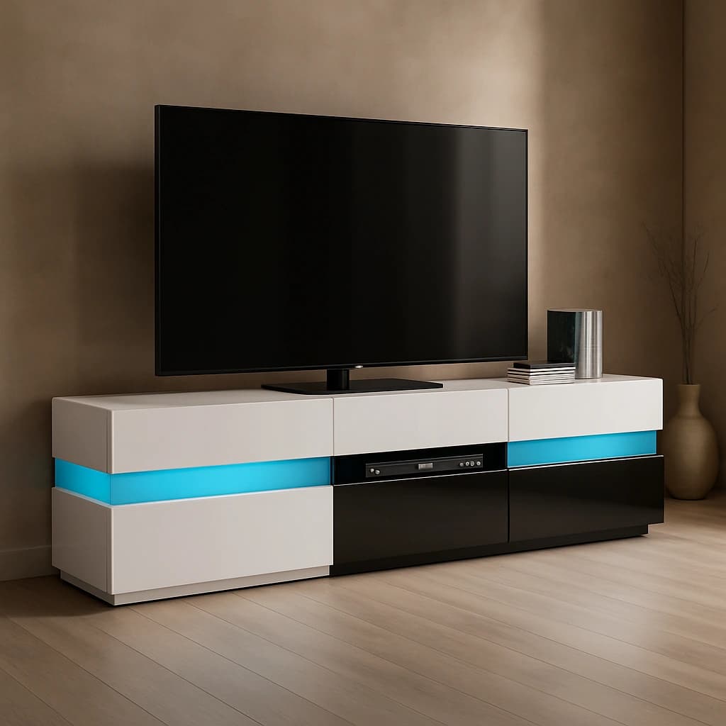 Meuble TV LED avec rangement - Blanc et Noir