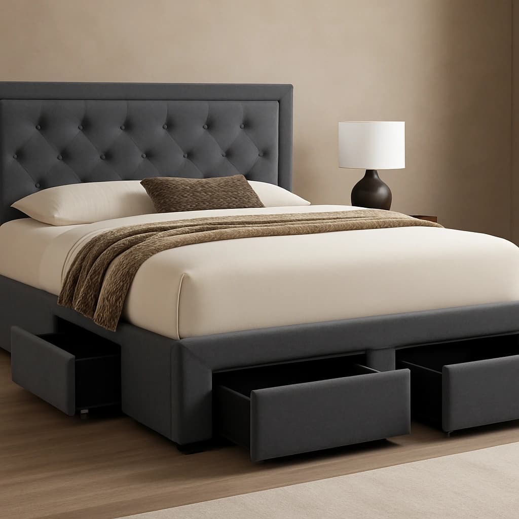 Lit plateforme en velours gris avec tiroirs de rangement - Tête de lit capitonnée