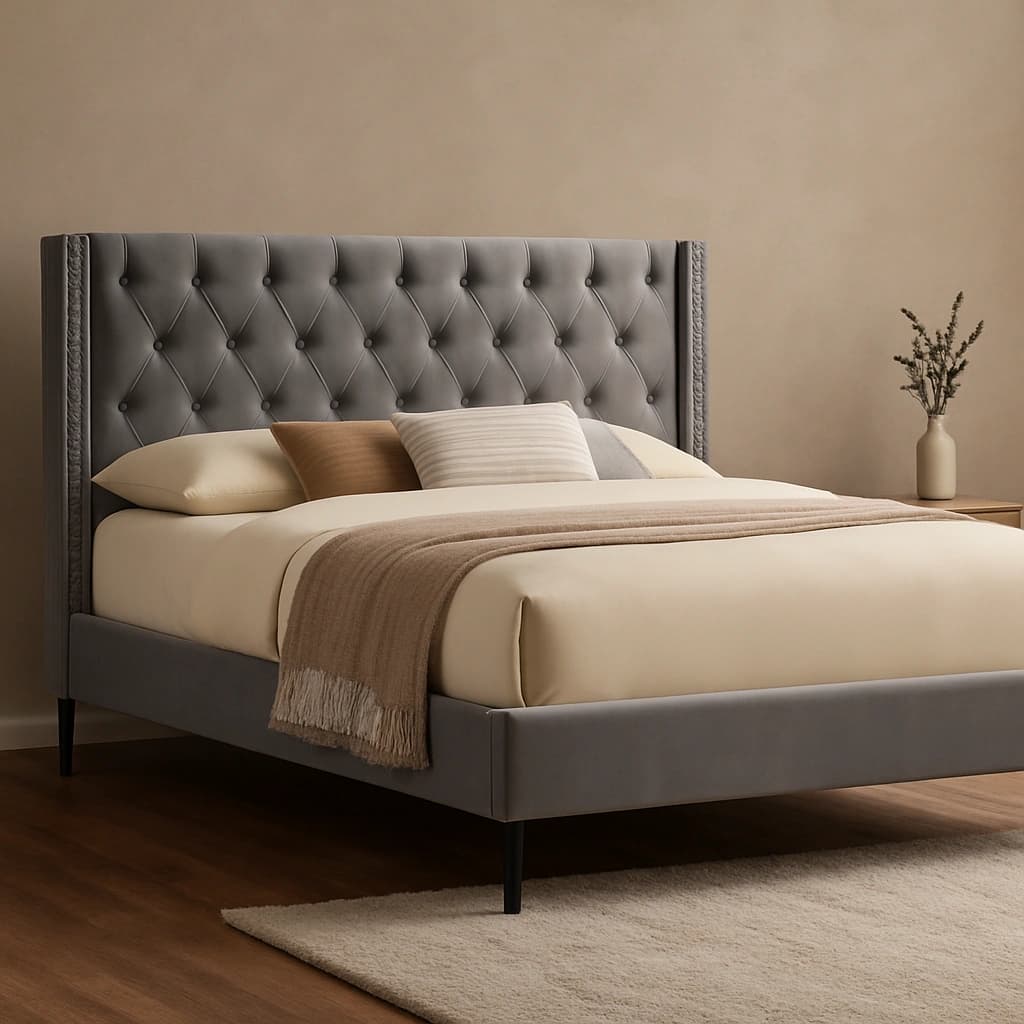 Lit plateforme rembourré en velours gris avec garniture cloutée