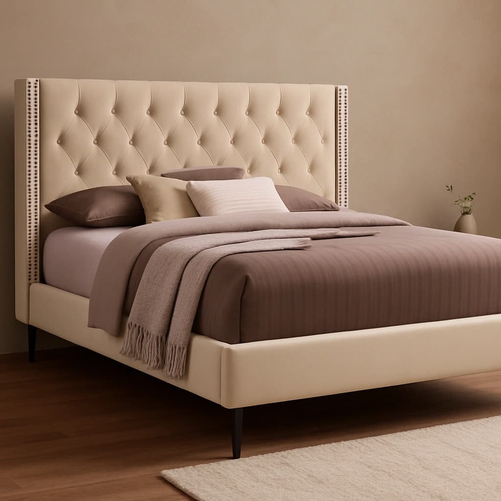 Lit plateforme rembourré en velours beige avec garniture cloutée