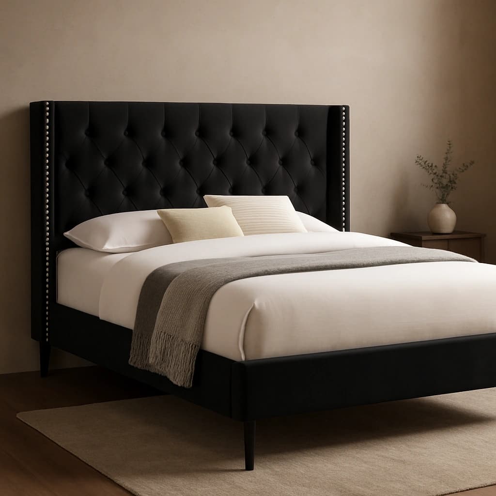 Lit plateforme rembourré en velours noir avec garniture cloutée