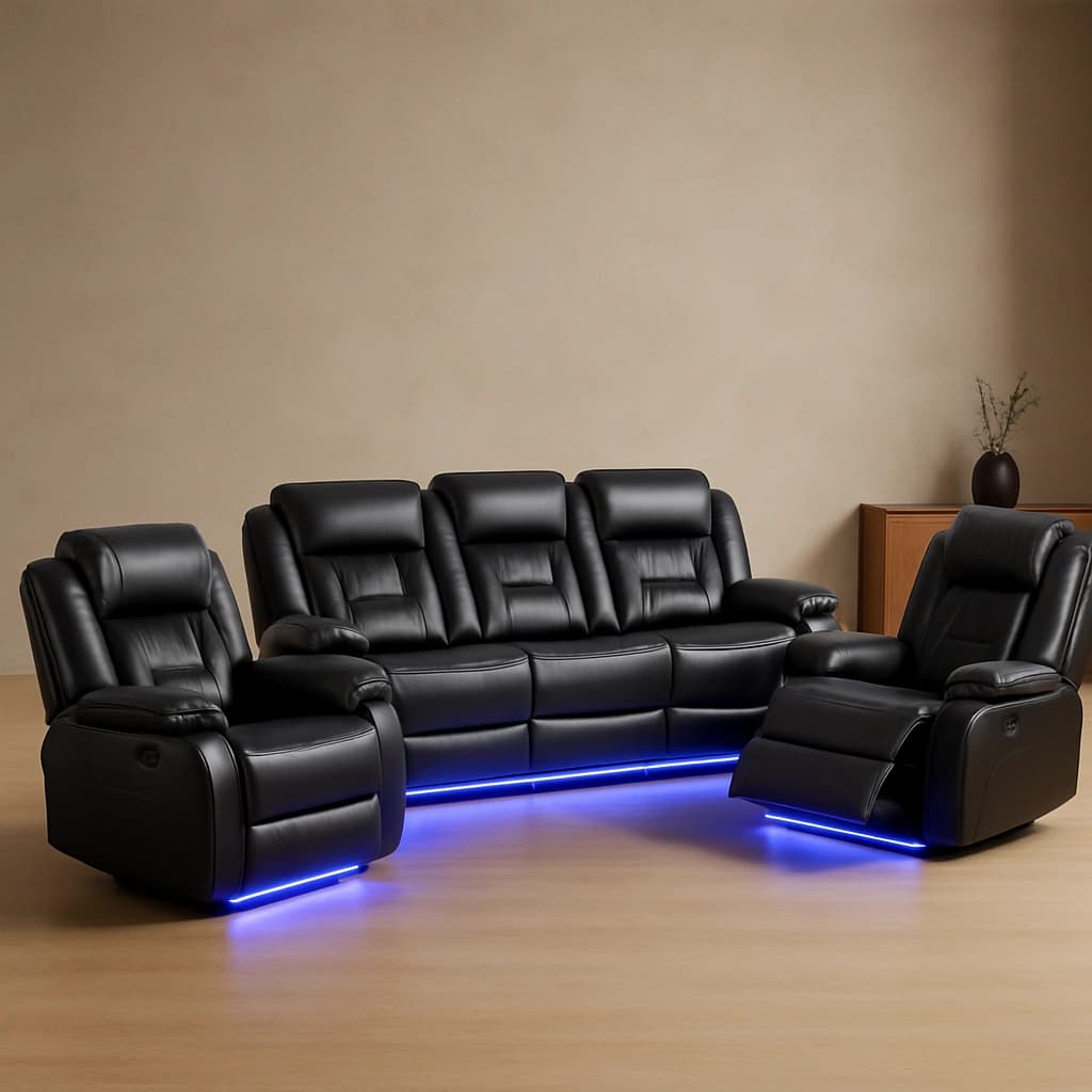 Ensemble de canapé inclinable en cuir noir avec éclairage LED - Fauteuils inclinables électriques 3 pièces