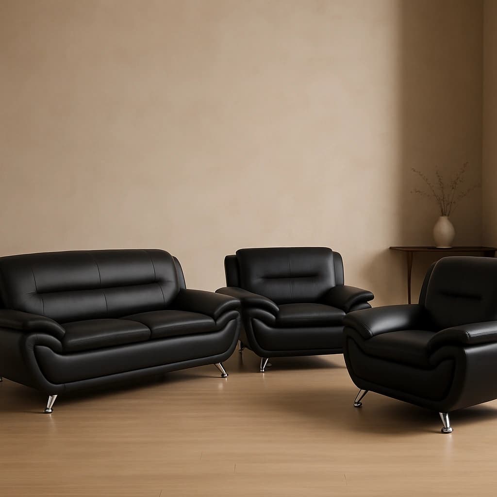 Ensemble de canapé en cuir noir avec pieds chromés - Collection moderne 3 pièces
