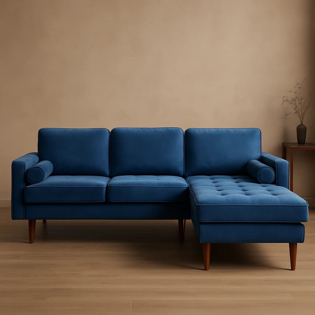 Canapé sectionnel en velours bleu avec méridienne - Forme en L moderne (9122 Bleu)