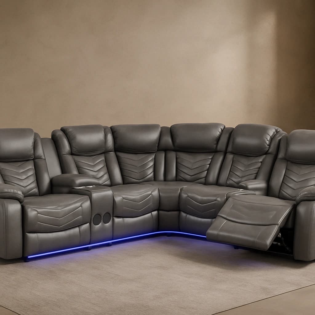 Canapé sectionnel inclinable en cuir gris avec éclairage LED - Fauteuils inclinables électriques