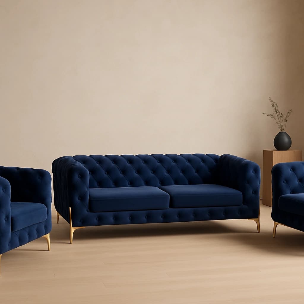 Ensemble de canapés de luxe en velours bleu marine avec pieds dorés - Collection capitonnée 3 pièces
