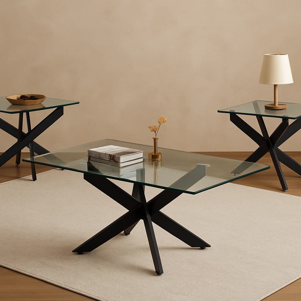 Ensemble de tables basses modernes en verre avec base en X noire - 3 pièces