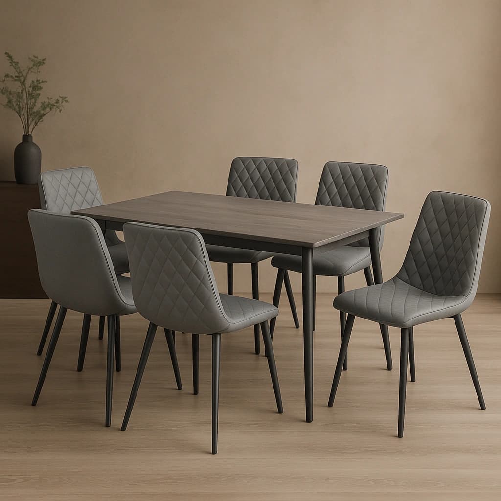 Ensemble de salle à manger gris moderne avec chaises capitonnées - 7 pièces