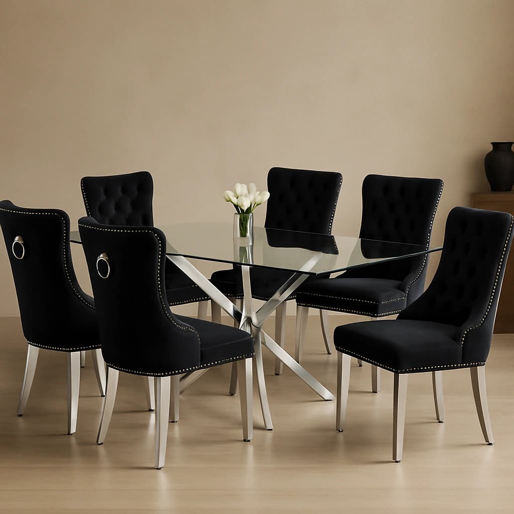 Ensemble de salle à manger de luxe en velours noir avec accents chromés - 7 pièces