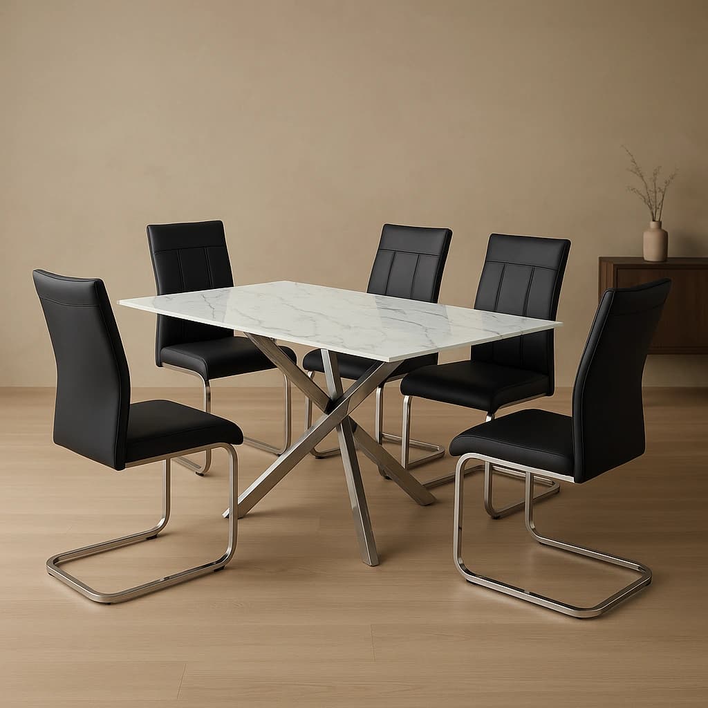 Ensemble de salle à manger moderne en verre avec chaises noires - 7 pièces