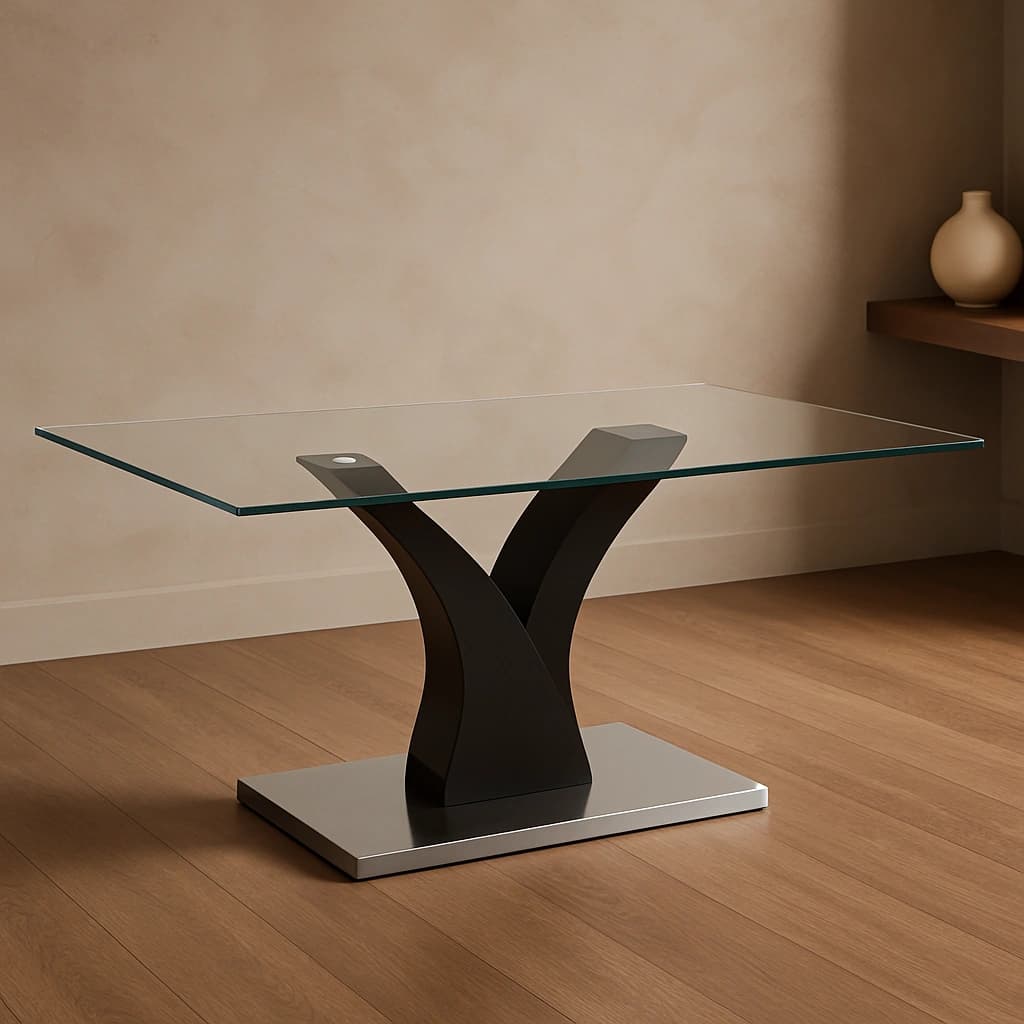Table basse moderne en verre avec base piédestal sculpturale noire