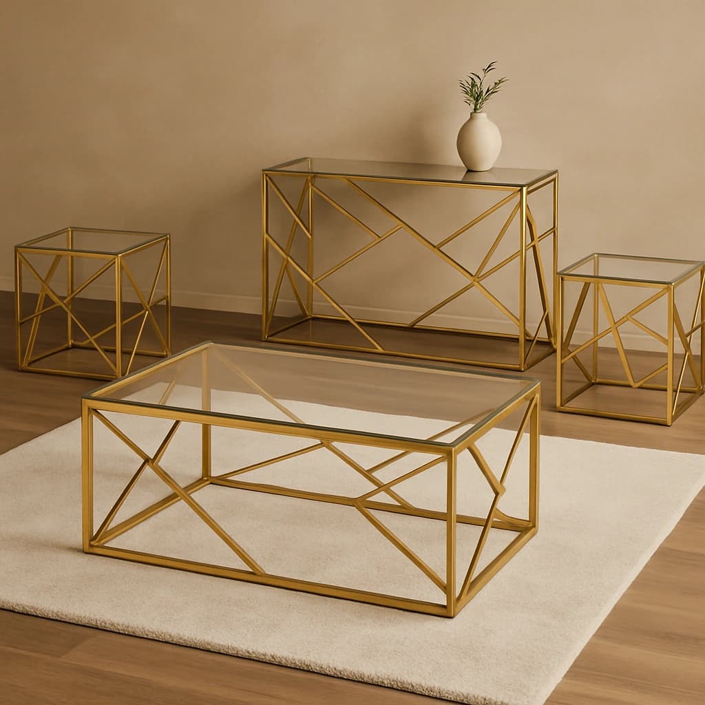 Ensemble de tables basses géométriques en verre doré - Collection moderne 4 pièces