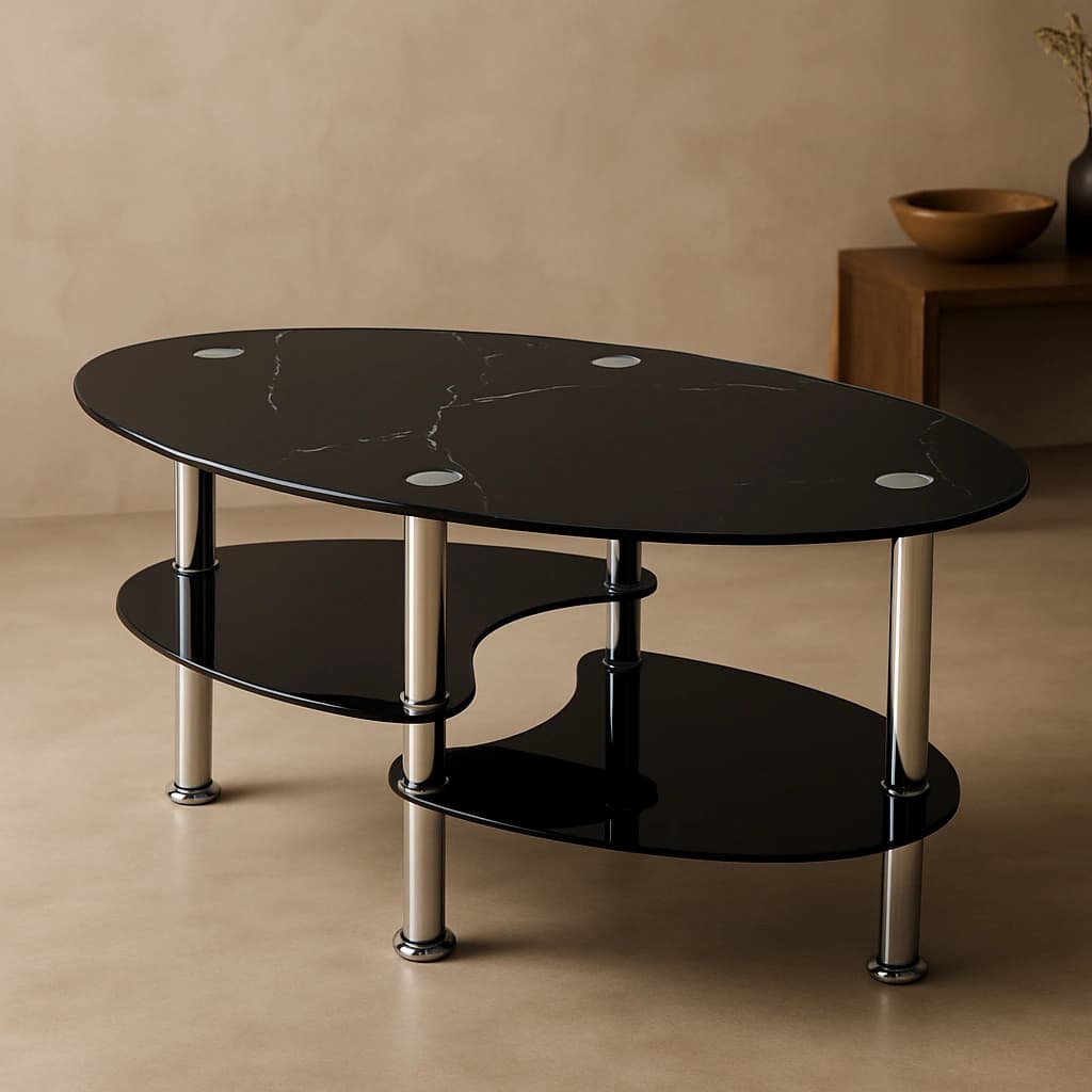 Table basse ovale en verre noir avec pieds chromés - Design moderne