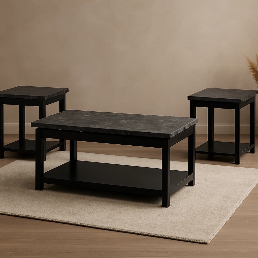 Ensemble de tables basses en marbre noir avec cadre moderne - 3 pièces