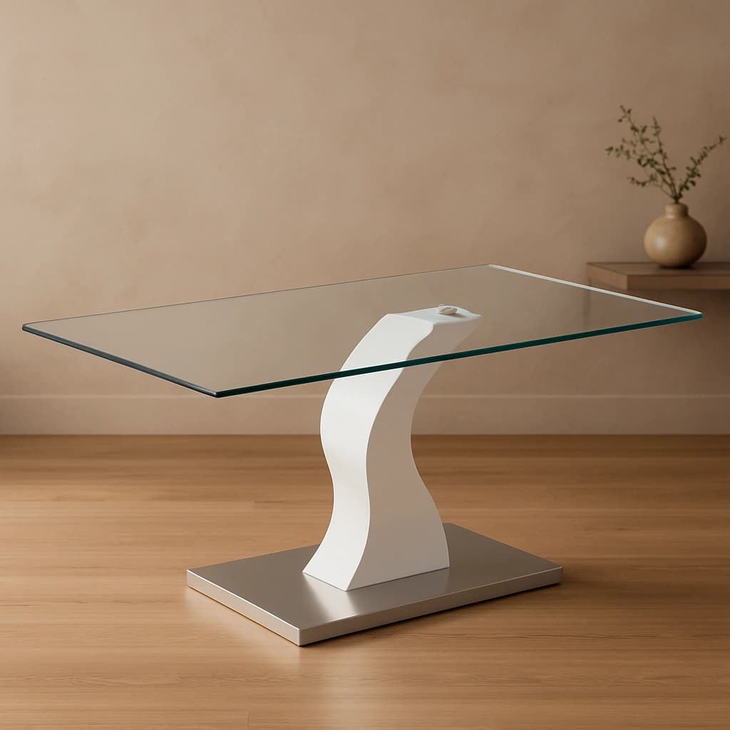 Table basse moderne en verre blanc avec base piédestal sculpturale