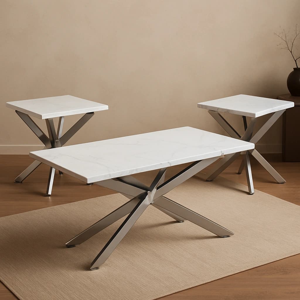 Ensemble de tables basses modernes en marbre blanc avec base en X chromée - 3 pièces