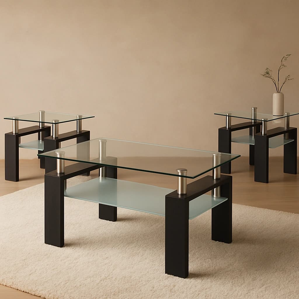 Ensemble de tables basses modernes en verre avec pieds noirs - 3 pièces