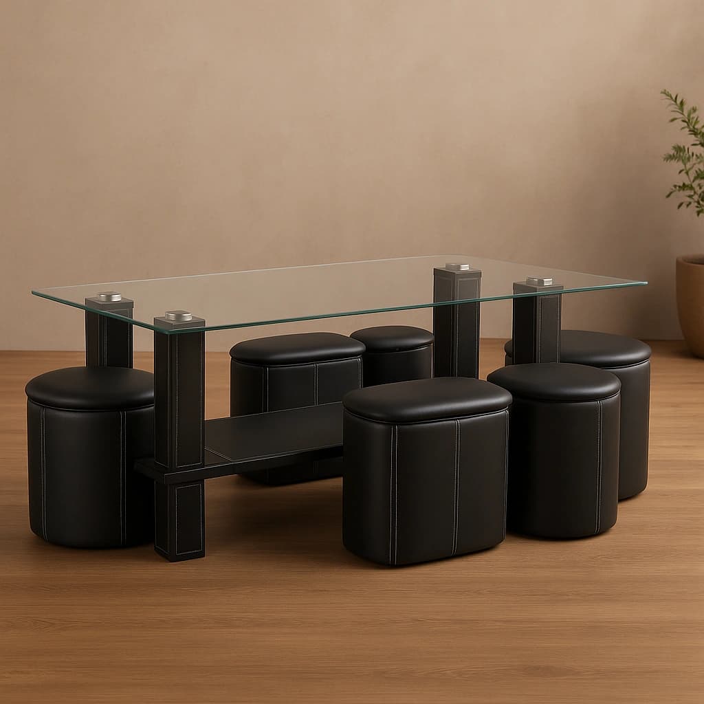 Table basse moderne en verre avec poufs de rangement - Design étendu