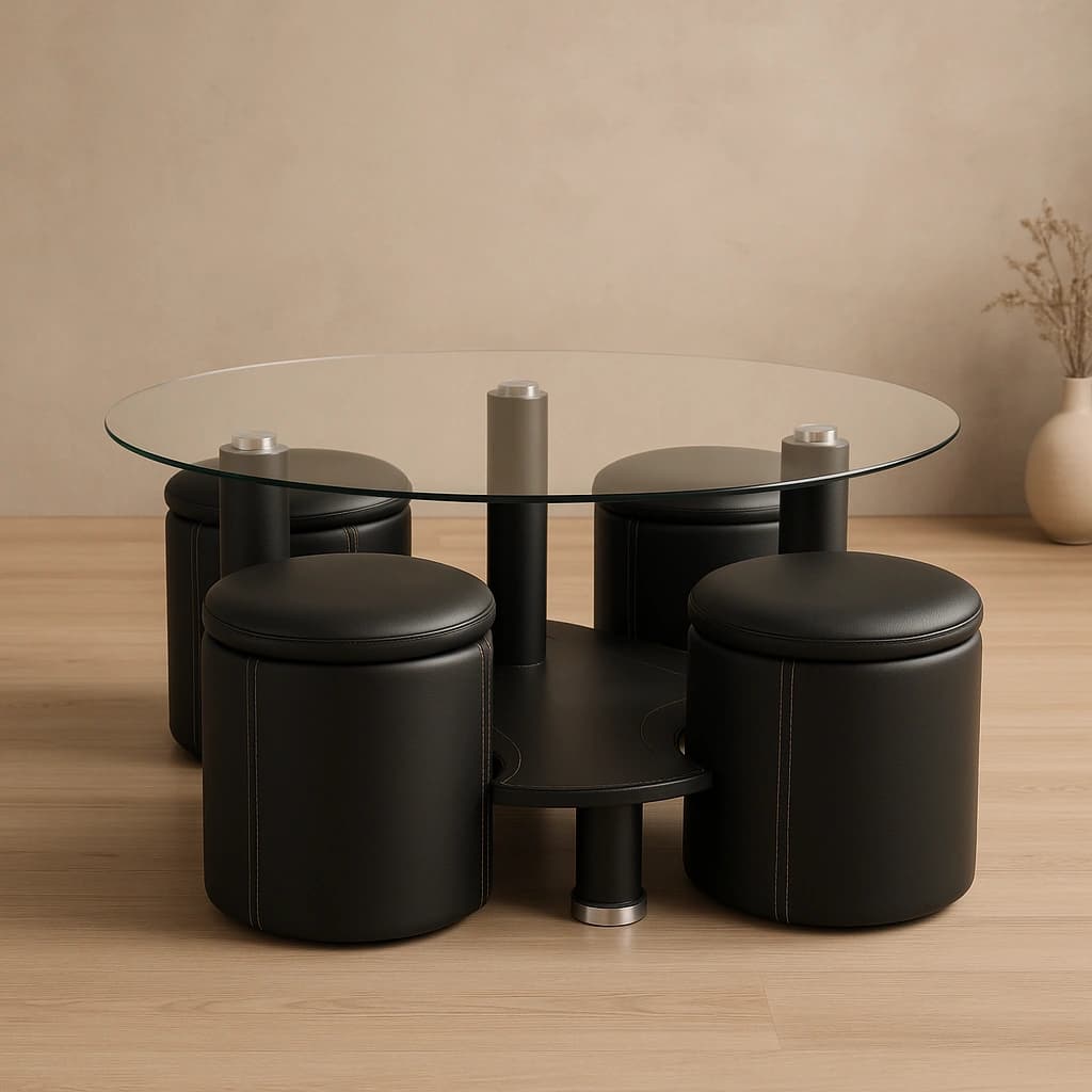 Table basse moderne noire avec poufs de rangement - Ensemble multifonctionnel
