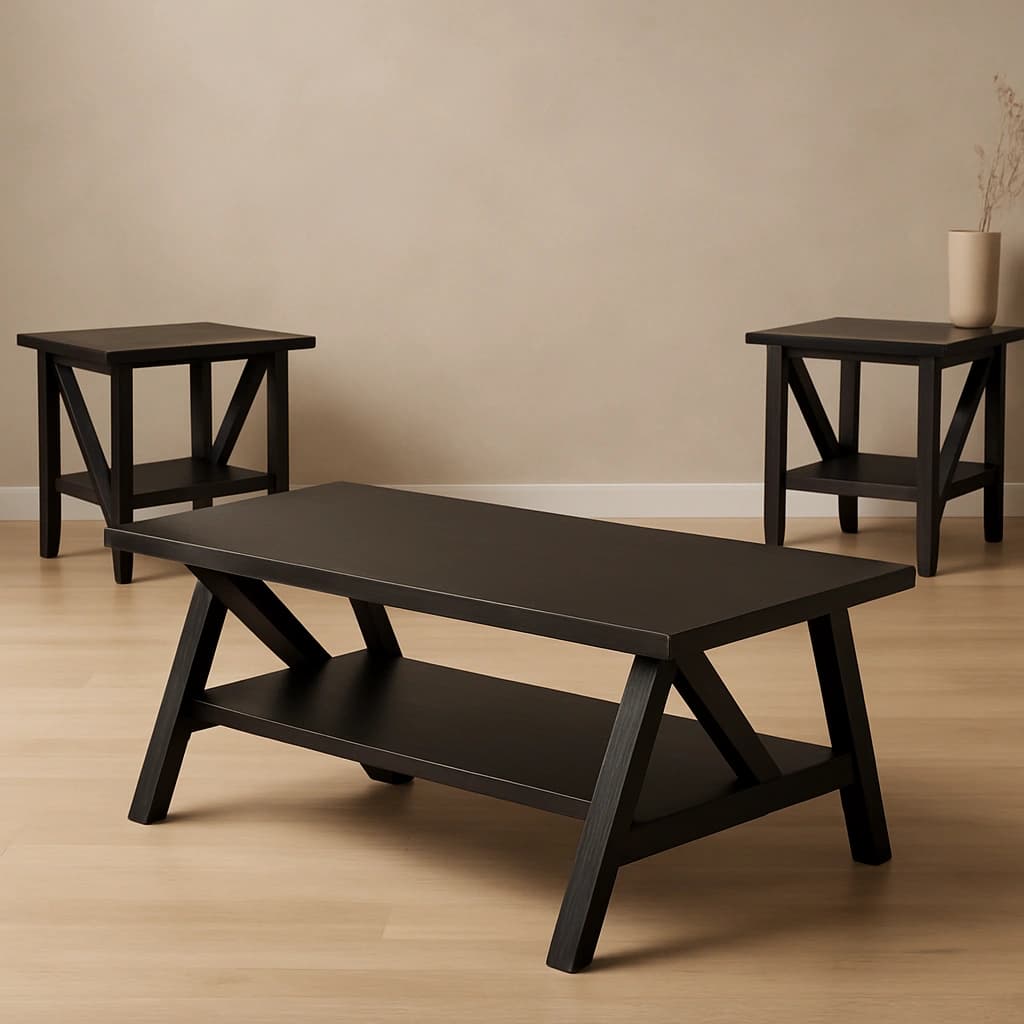 Ensemble de tables basses modernes en bois foncé avec base géométrique - 3 pièces
