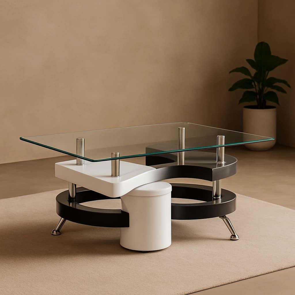 Table basse moderne en verre avec base noire et blanche - Design contemporain