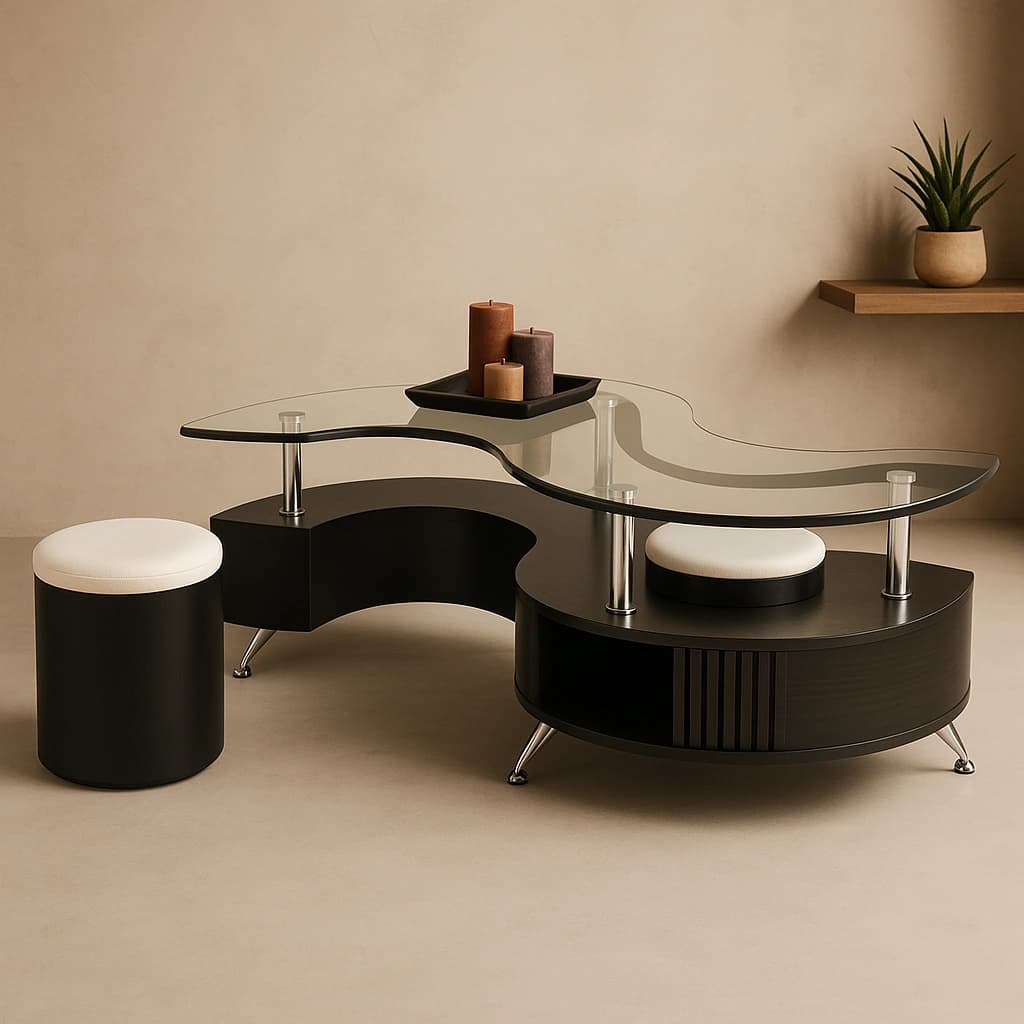 Table basse moderne noire avec poufs de rangement - Ensemble multifonctionnel