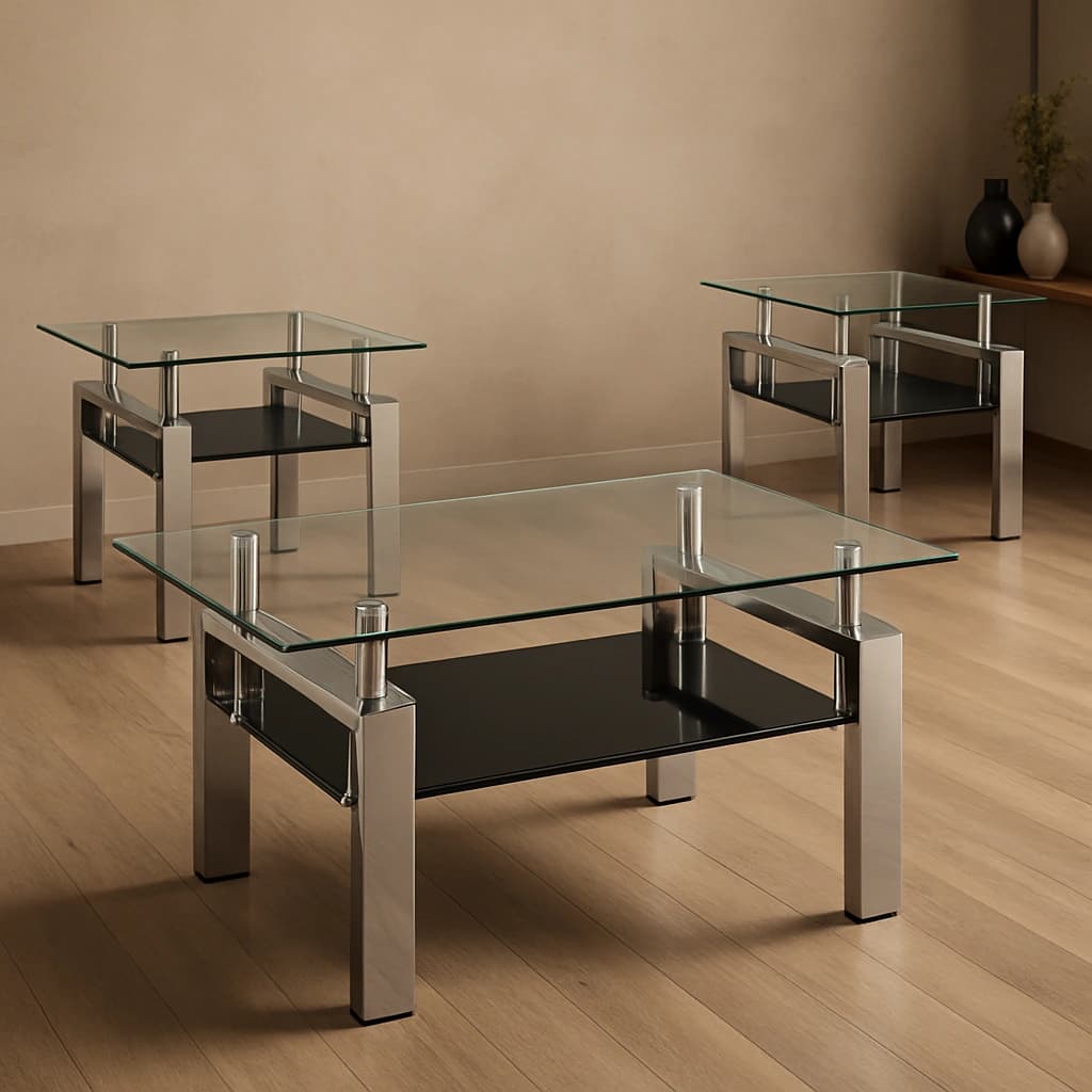 Ensemble table basse moderne en verre avec pieds chromés - 3 pièces