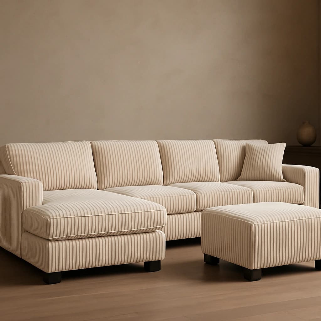 Canapé sectionnel en velours côtelé beige avec ottoman - Forme en L contemporaine