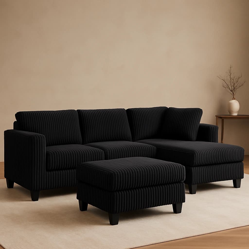 Canapé sectionnel en velours côtelé noir avec ottoman - Design moderne en forme de L
