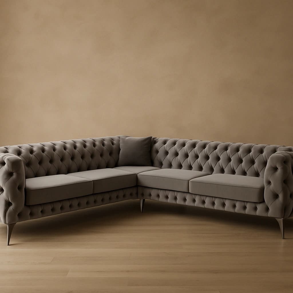 Canapé sectionnel en velours gris de qualité supérieure - Design Chesterfield capitonné