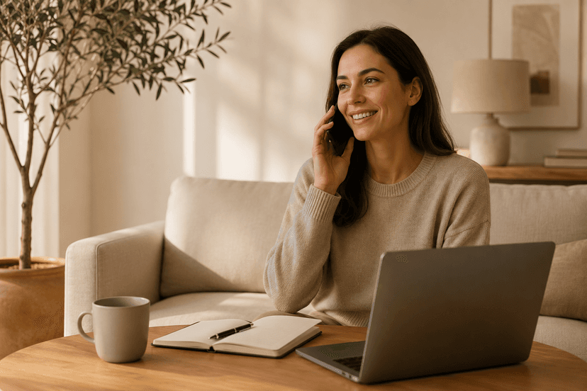 Femme souriante au téléphone à son bureau