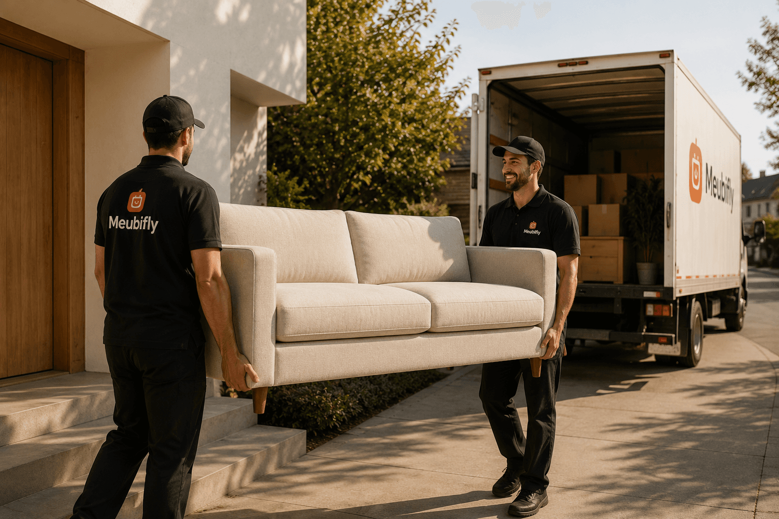 Livreurs Meubifly transportant un canapé crème vers une maison moderne