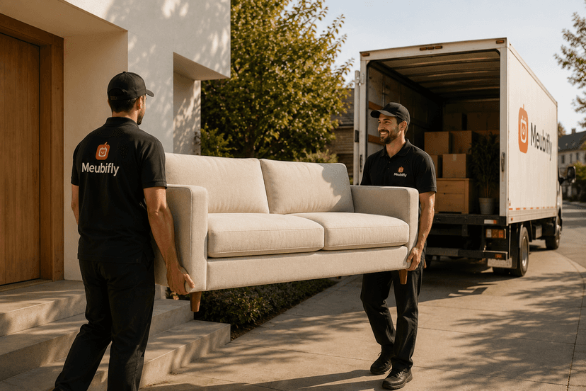 Livreurs transportant un canapé crème