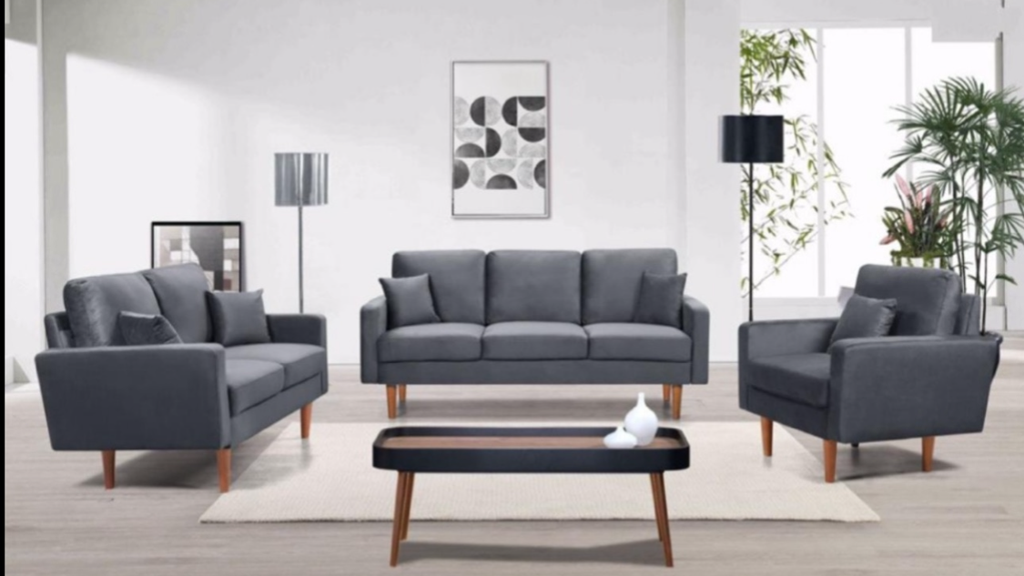 Ensemble canapé moderne en tissu gris avec pieds en bois - Collection 3 pièces