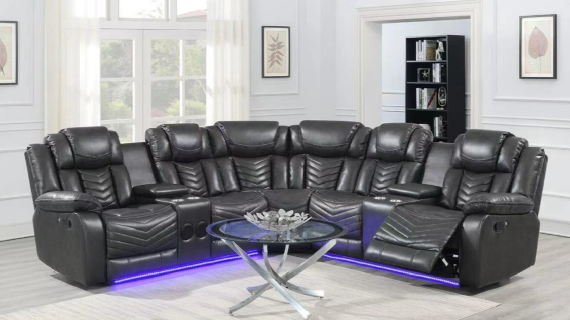 Canapé d'angle inclinable en cuir gris avec éclairage LED - Fauteuils inclinables électriques