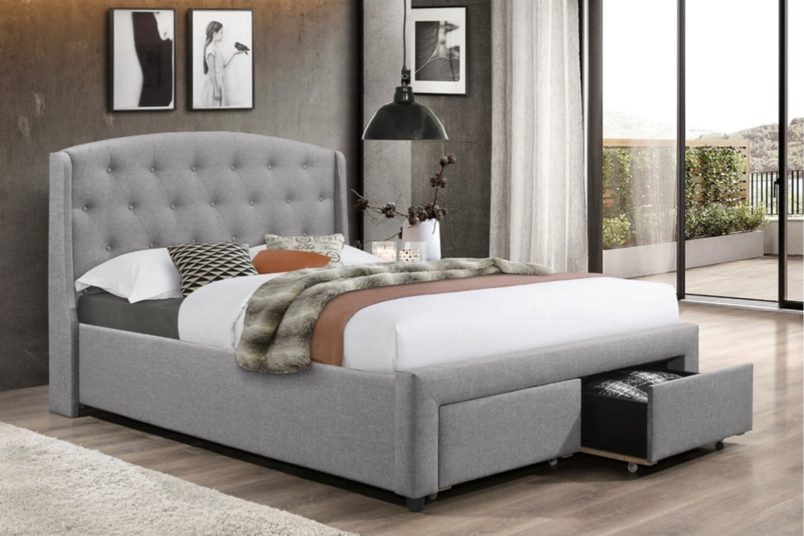 Grey Tufted Bed with Storage Drawers